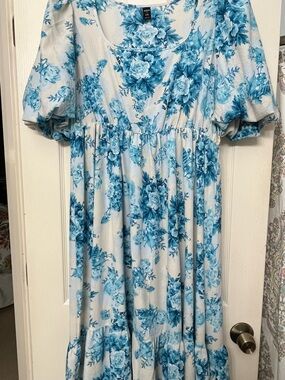 SHEIN White Dress with Blue Floral Print